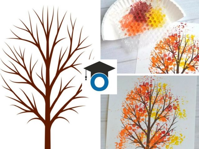 Оцветяване и апликиране на есенно дърво. Ефект с бабъл фолио и боички върху готов шаблон за разпечатване А4 приложими в клас.