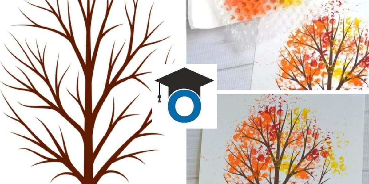 Оцветяване и апликиране на есенно дърво. Ефект с бабъл фолио и боички върху готов шаблон за разпечатване А4 приложими в клас.